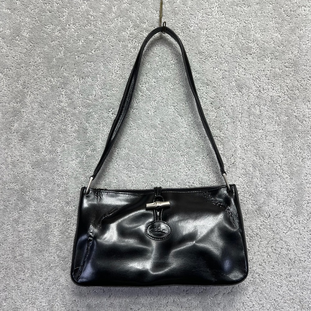 VINTAGE Longchamp Roseau Shoulder Bag Black Leather Toggle Baguette CREASES